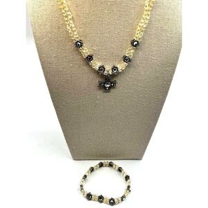 Vintage Crystal Beaded Necklace & Bracelet Set With Cross Pendant